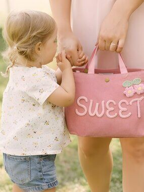 Sweet Name Tote Bag Pink Corduroy Crochet Letter Floral Kids Gift Custom Bag